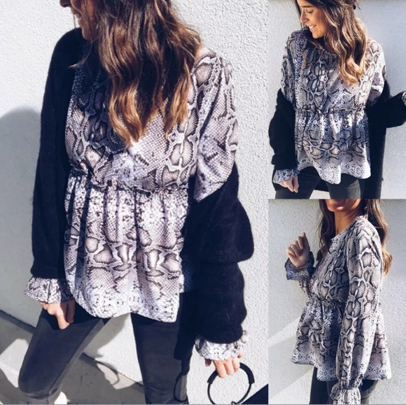 Snakeskin Printed Tops Long-sleeved Tunic A-Line - Picture 4 of 10